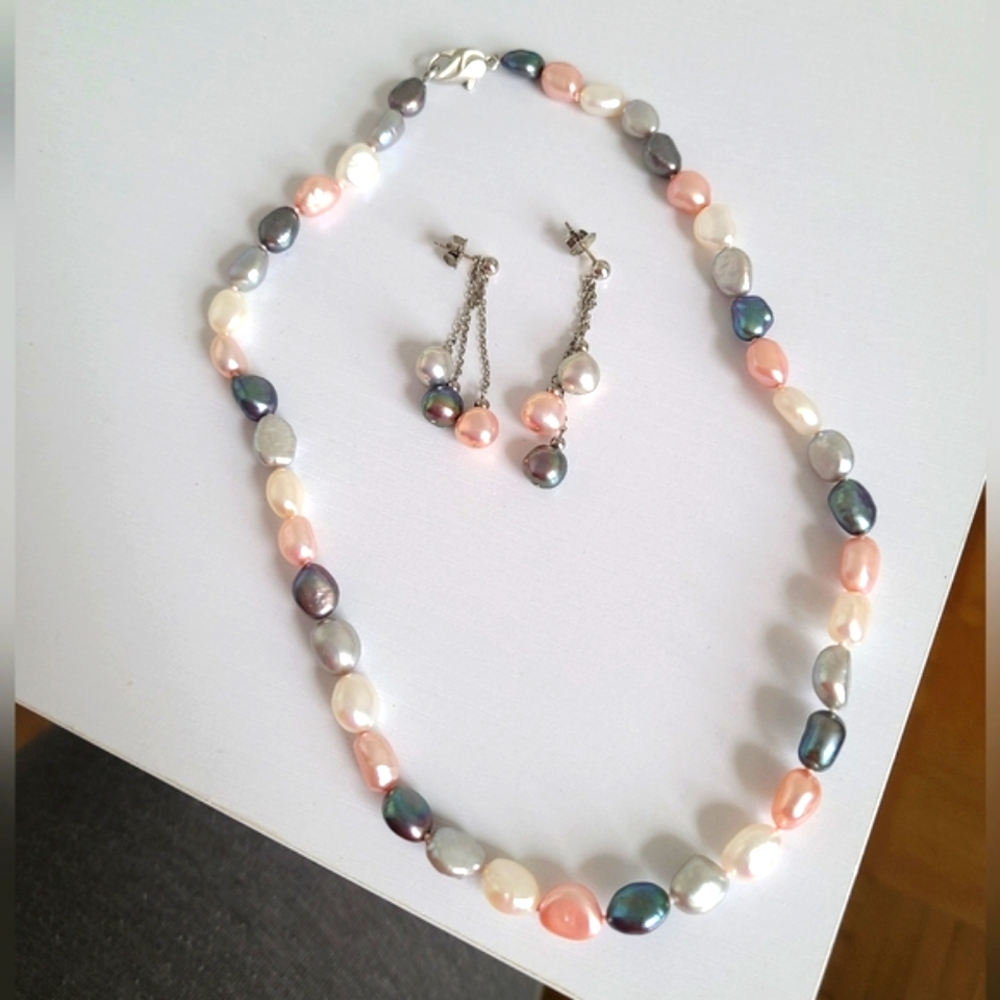 Honora Pearls Vintage Multi Colour Freshwater Pearl Silver Necklace Earrings set